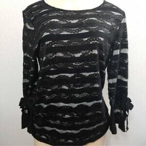 Karl Lagerfeld Womens Shirt Black White Stripe Lace Overlay Bow 3/4 Sleeve Top S
